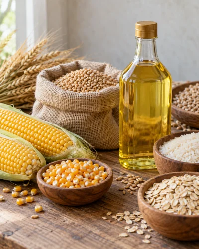 Corn, wheat, rice, oats and a bottle of vegetable oil on a wooden table