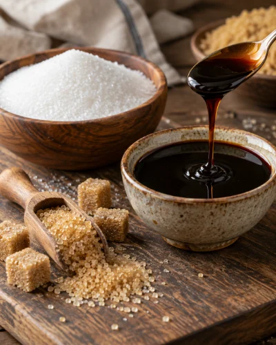 White and brown cane sugar with molasses pouring from a spoon