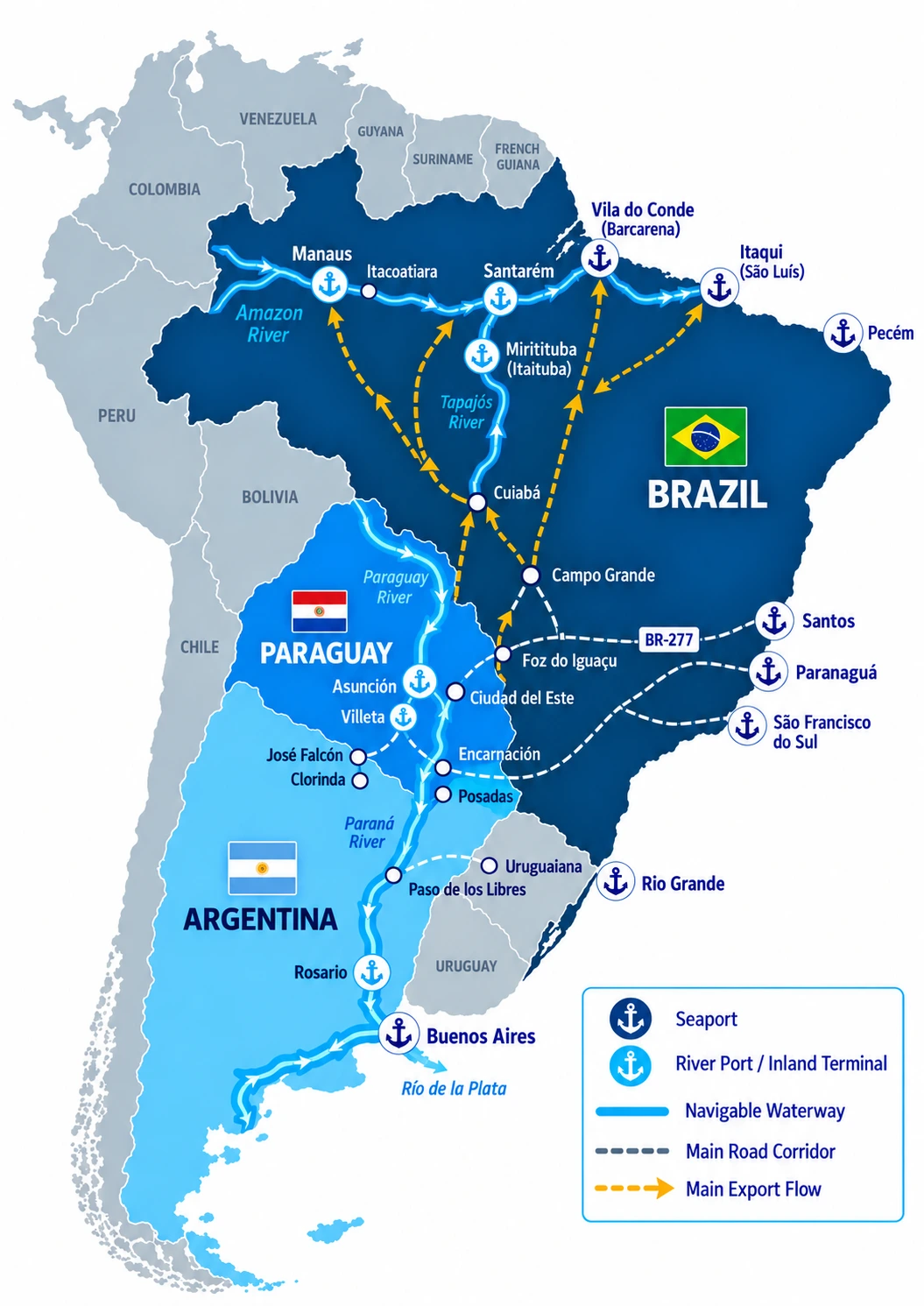 Logistics map of Brazil, Paraguay and Argentina showing seaports (Vila do Conde, Itaqui, Pecém, Santos, Paranaguá, São Francisco do Sul, Rio Grande, Buenos Aires), river ports and inland terminals (Manaus, Santarém, Miritituba, Asunción, Villeta, Rosario), the Amazon, Tapajós, Paraguay and Paraná waterways, the Río de la Plata, main road corridors and main export flows